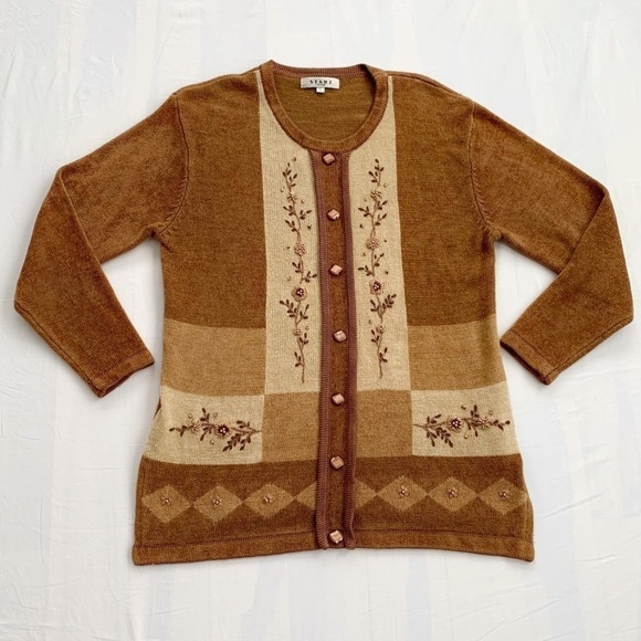 #093 Vintage Angora Wool grandma sweater size L tan, brown earthy tones Woman - Picture 4 of 14